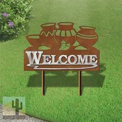 610058 - Large 25in Wide Four Pots with Chilies Design Horizontal Metal Welcome Yard Sign