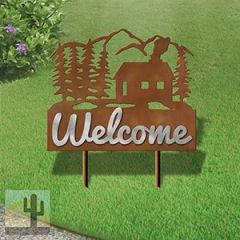 610078 - Large 25in Wide Cabin in the Woods Design Horizontal Metal Welcome Yard Sign