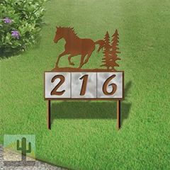 610103 - Running Horse Scene Design 3-Digit Horizontal 6-inch Tile Outdoor House Numbers Yard Sign
