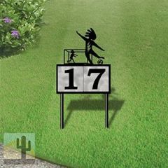 610192 - Kokopelli Soccer Player and Goalie Design 2-Digit Horizontal 6-inch Tile Outdoor House Numbers Yard Sign