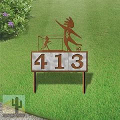 610193 - Kokopelli Soccer Player and Goalie Design 3-Digit Horizontal 6-inch Tile Outdoor House Numbers Yard Sign