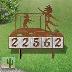 610195 - Kokopelli Soccer Player and Goalie Design 5-Digit Horizontal 6-inch Tile Outdoor House Numbers Yard Sign