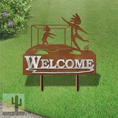 610198 - Large 25in Wide Kokopelli Soccer Player and Goalie Design Horizontal Metal Welcome Yard Sign