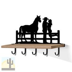 618112B - Cowboy Couple and Horse Black Large Wall Art with Hooks and 24in Wooden Shelf