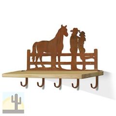 618112R - Cowboy Couple and Horse Rust Large Wall Art with Hooks and 24in Wooden Shelf