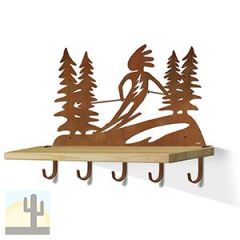 618162R - Skiing Kokopelli Rust Large Wall Art with Hooks and 24in Wooden Shelf