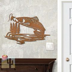 625042r - 18 or 24in Metal Wall Art - Trout Scene - Rust Patina