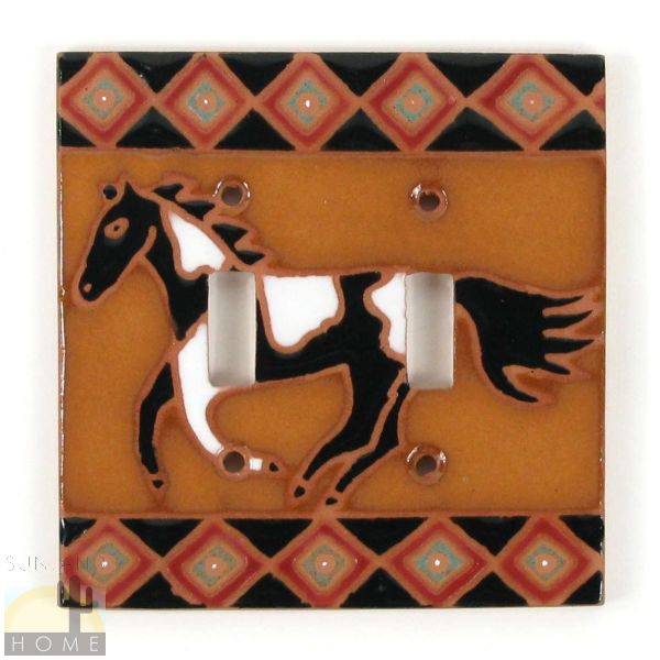 Terra Cotta Double Toggle Switch Plate - Black and White Horse