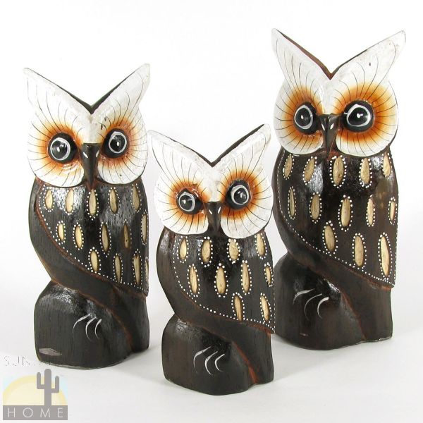 140038 - Set of Three 4-8in Wooden Owls - Pointy White