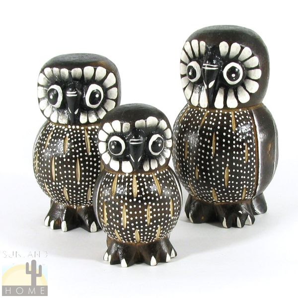 140041 - Set of Three 4-6in Wooden Owls - Dots and Slots