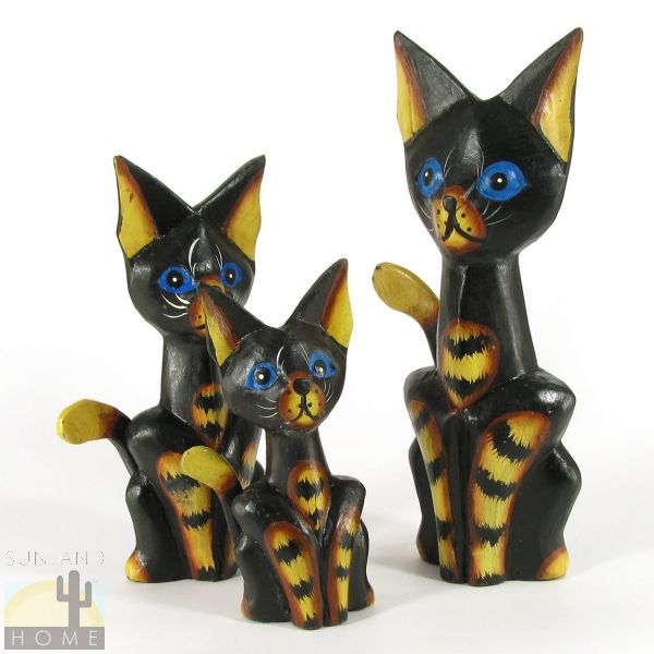 140045 - Set of Three 6-10in Wooden Cats - Black and Amber