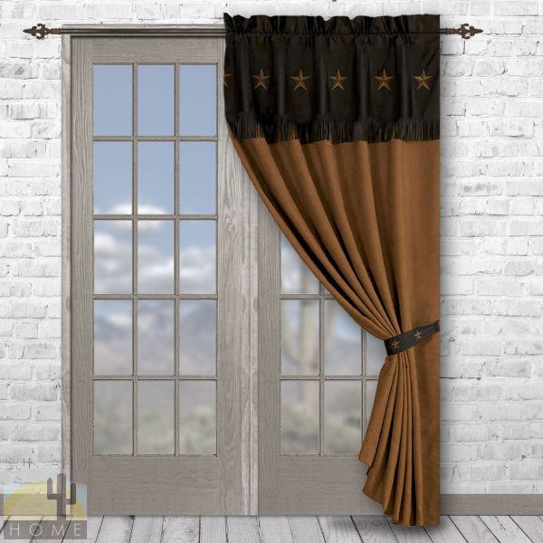 Chocolate and Tan Star 84in Lined Rod Pocket Curtain Panel with Tie Back number 148357
