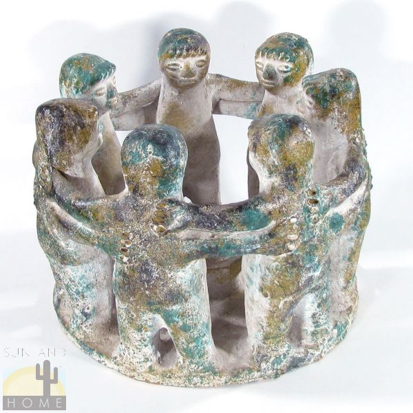 161365 - 7in Tall x 9in W Circle of Friends Candle Holder - 7 People in Green and Gold Whitewash