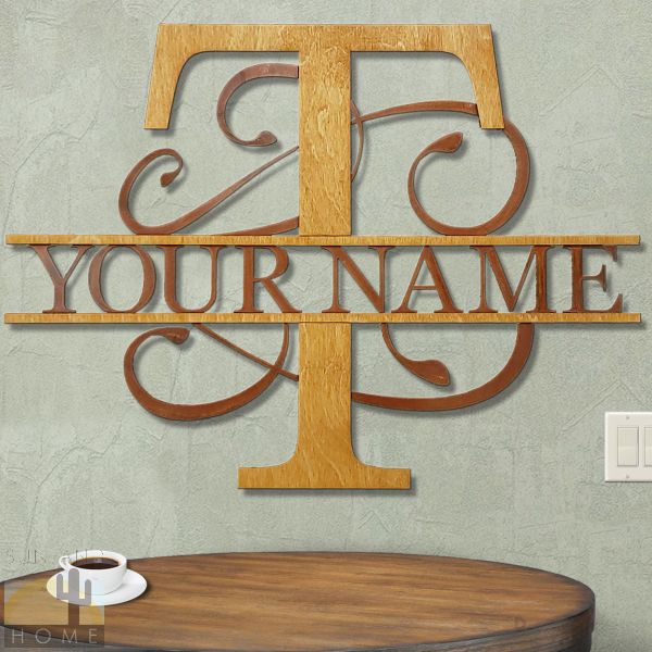 16220 - T Gold on Rust Monogrammed Letter Wood and Metal Wall Art - Choose 11.5 to 35.5in