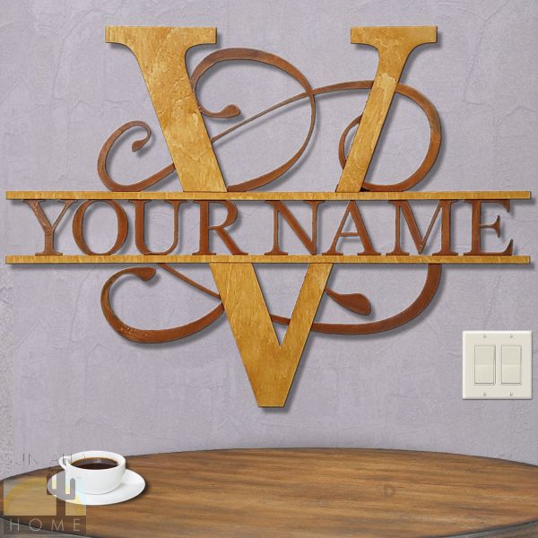 16222 - V Gold on Rust Monogrammed Letter Wood and Metal Wall Art - Choose 11.5 to 35.5in