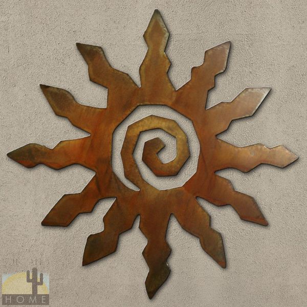 165153 - 24in 12-Ray Spiral Sun 3D Southwest Metal Wall Art in Rust Finish
