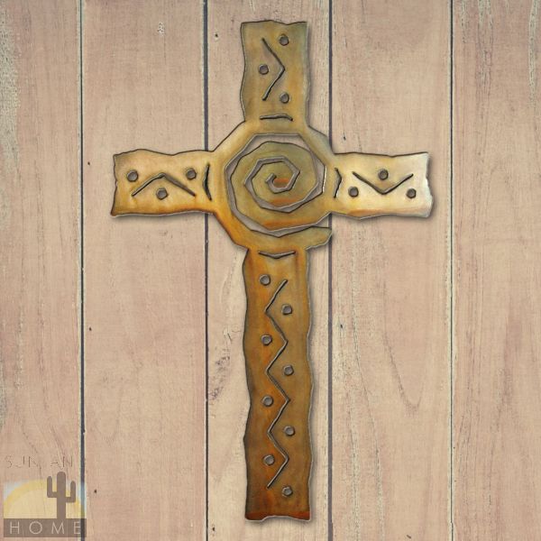 165242 - 18in Spiral Cross 3D Southwest Metal Wall Art in Rust Finish
