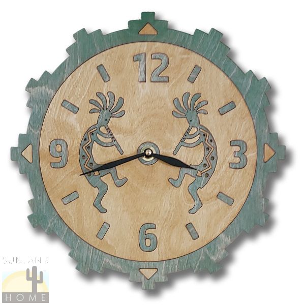 165740 - 11.5in Kokopellis Teal Green Wood Inlay Wall Clock