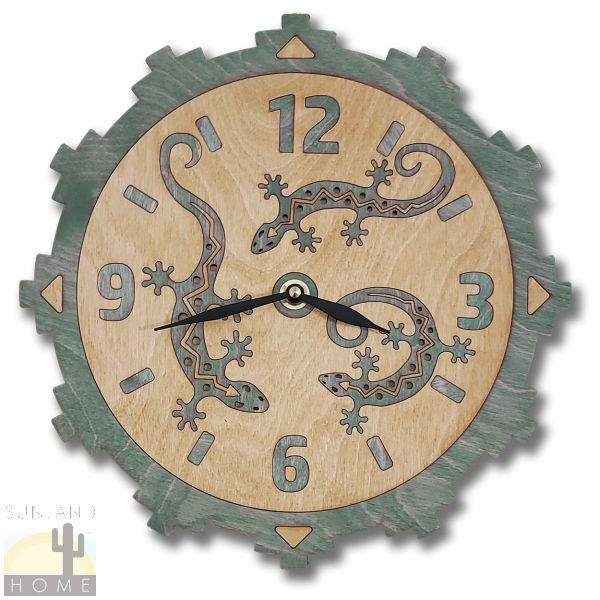 165742 - 11.5in Lizards Teal Green Wood Inlay Wall Clock