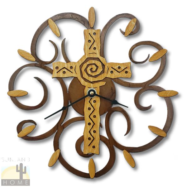16631 - Cross Gold on Rust Wood and Metal Wall Clock - Choose 11.5 or 17.5in