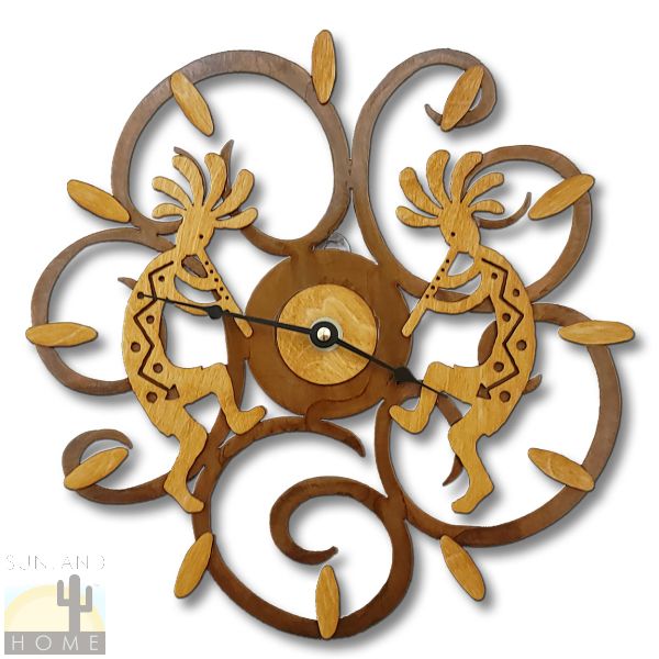 16635 - Twin Kokopellis Gold on Rust Wood and Metal Wall Clock - Choose 11.5 or 17.5in