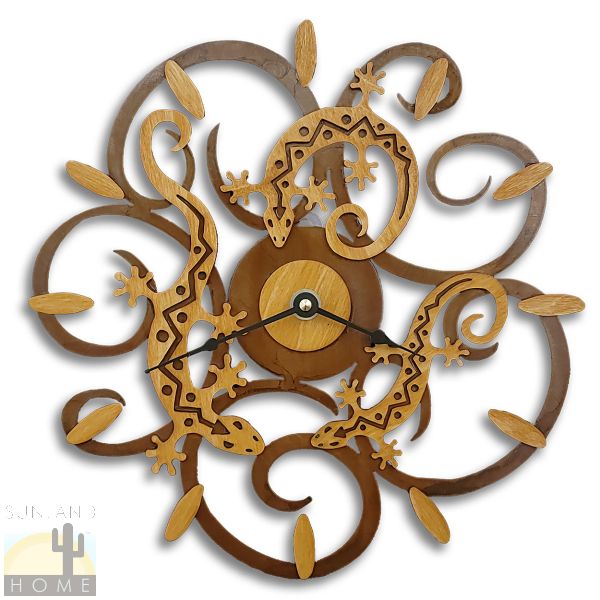 16637 - Three Geckos Gold on Rust Wood and Metal Wall Clock - Choose 11.5 or 17.5in