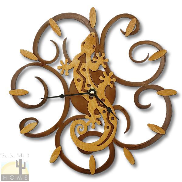 16639 - S-Gecko Gold on Rust Wood and Metal Wall Clock - Choose 11.5 or 17.5in