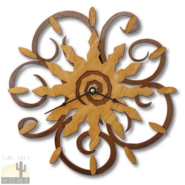 16641 - 12-Ray Sun Gold on Rust Wood and Metal Wall Clock - Choose 11.5 or 17.5in