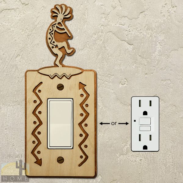 167611R - Flute Kokopelli Wood and Metal Single Rocker Switch Plate in Natural Birch Finish