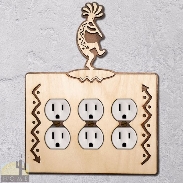 167616 - Flute Kokopelli Wood and Metal Triple Outlet Cover in Natural Birch Finish