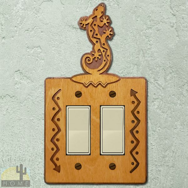 168022R - Lizard S-Shaped Wood and Metal Double Rocker Switch Plate in Golden Sienna Finish