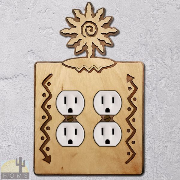 168315 - Sunburst-12 point Wood and Metal Double Outlet Cover in Natural Birch Finish