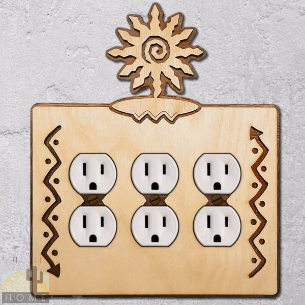 168316 - Sunburst-12 point Wood and Metal Triple Outlet Cover in Natural Birch Finish