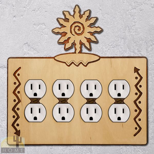 168317 - Sunburst-12 point Wood and Metal Quad Outlet Cover in Natural Birch Finish