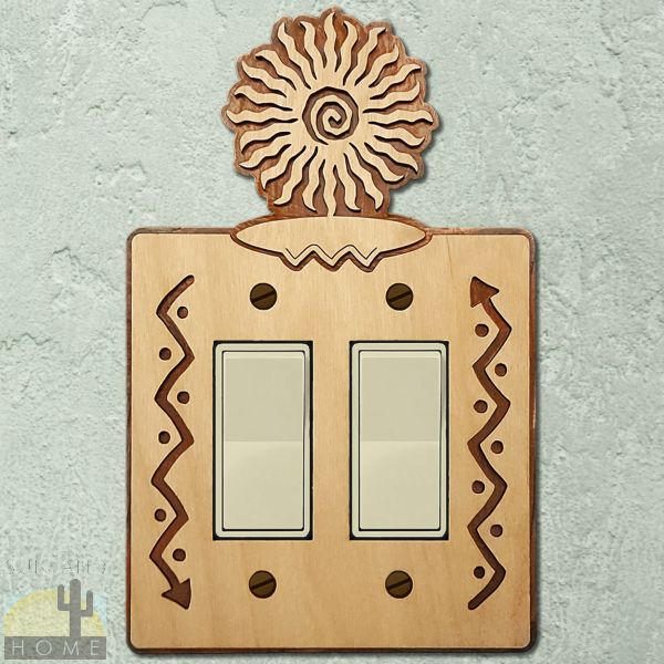 168412R - Sunburst-24 point Wood and Metal Double Rocker Switch Plate in Natural Birch Finish