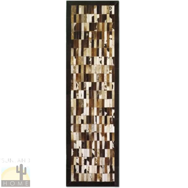 Custom Cowhide Patchwork Runner -Multi Brown and White Small Strips with Dark Brown Border