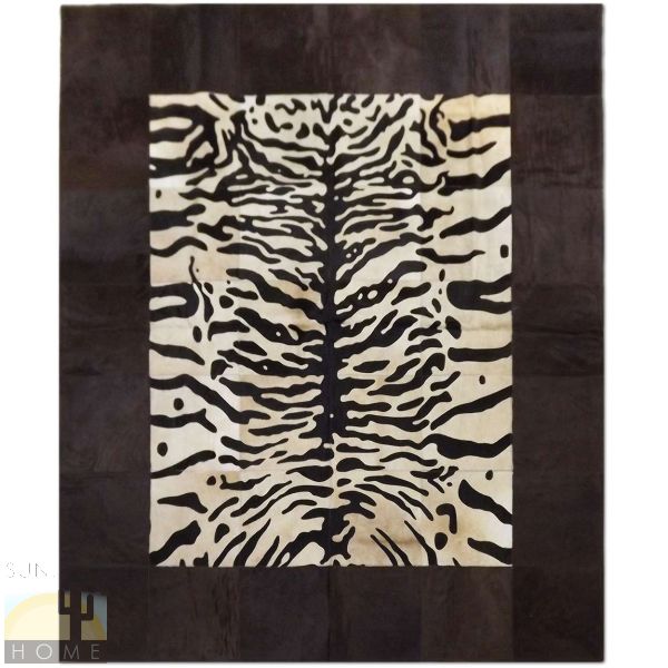 Custom Cowhide Patchwork Rug - 12in Squares - Tiger Print on Tan Thick Brown Border  6ft x 7ft