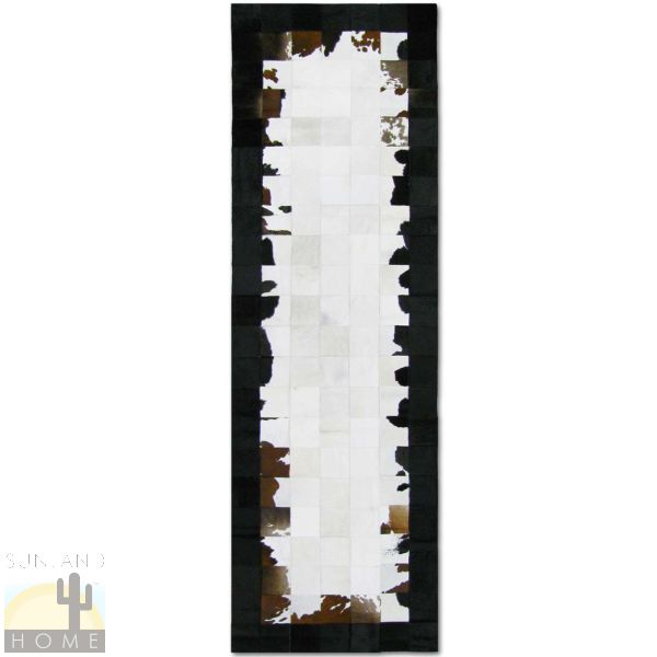 Custom Cowhide Patchwork Runner - 6in Squares - White with Brown and Black Border