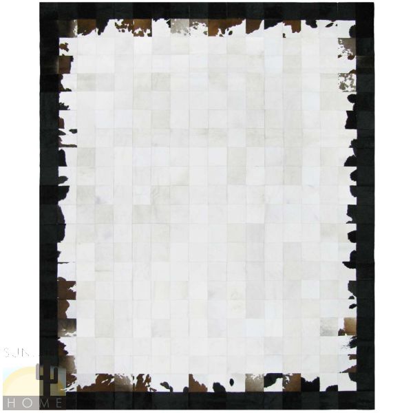 Custom Cowhide Patchwork Rug - 6in Squares - White with Brown and Black Border