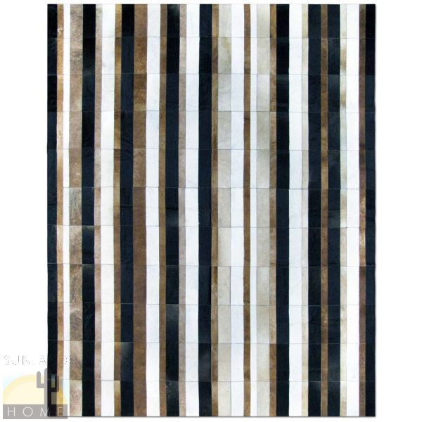 Custom Cowhide Patchwork Rug - Vertical Stripes Black, Brown, and Gray