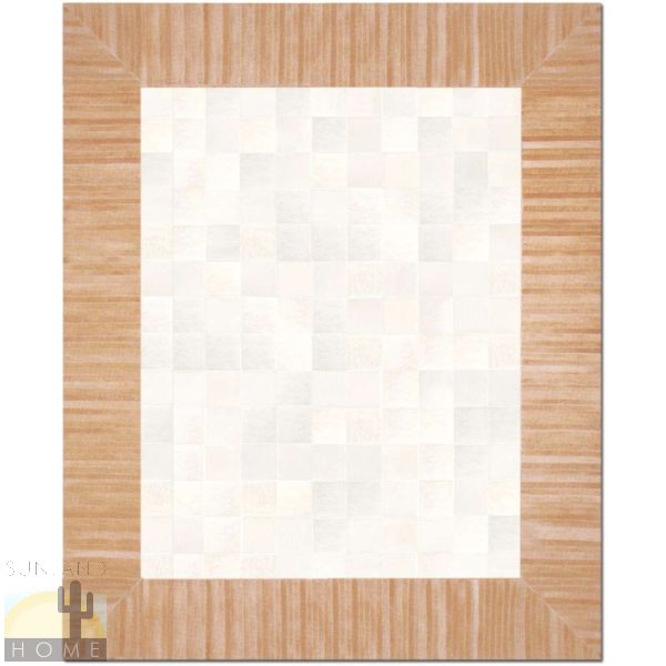 Custom Cowhide Patchwork Rug - 4in Squares - Tiki Frame Light Brown - Off White