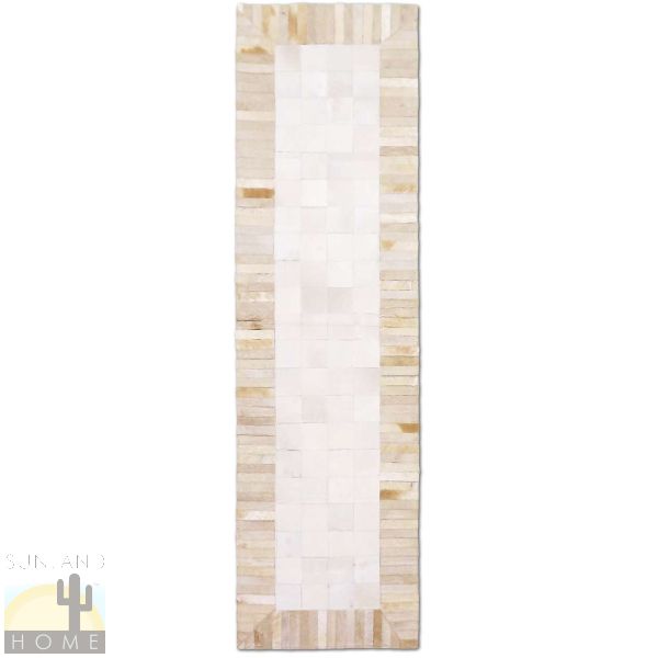 Custom Cowhide Patchwork Runner - 4in Squares - Tiki Frame Palomino and Off White