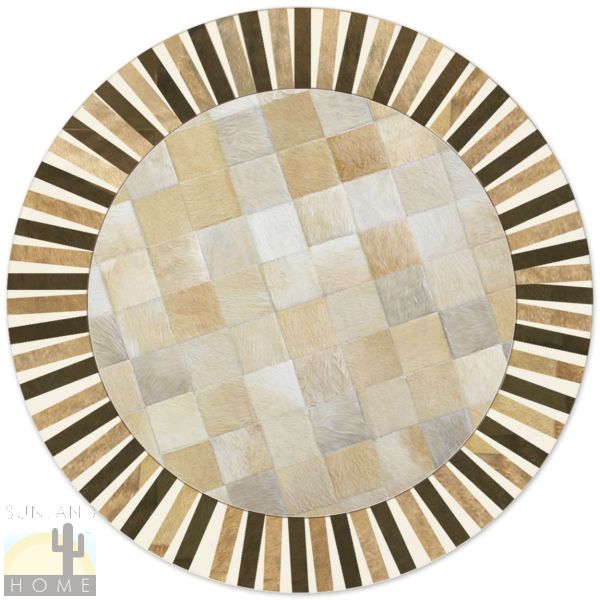 Custom Cowhide Patchwork Round Rug - 6in Squares - Sun Tan and Brown on Palomino