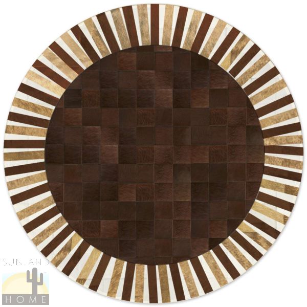 Custom Cowhide Patchwork Round Rug - 6in Squares - Sun Tan and Brown on Dark Brown