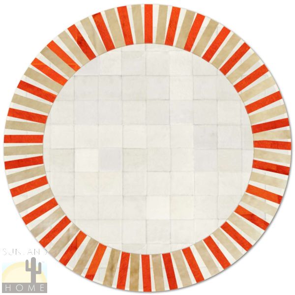 Custom Cowhide Patchwork Round Rug - 6in Squares - Sun Color on Off White