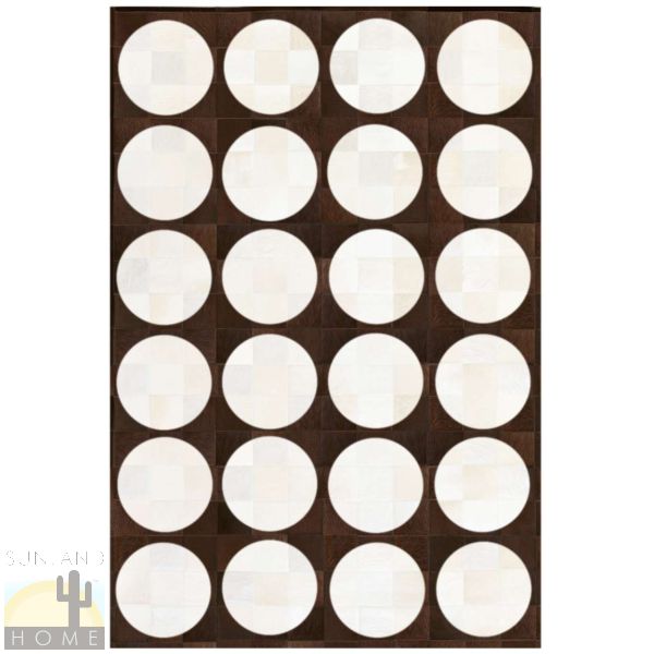 Custom Cowhide Patchwork Rug - 12in Squares - Circles Off White on Dark Brown