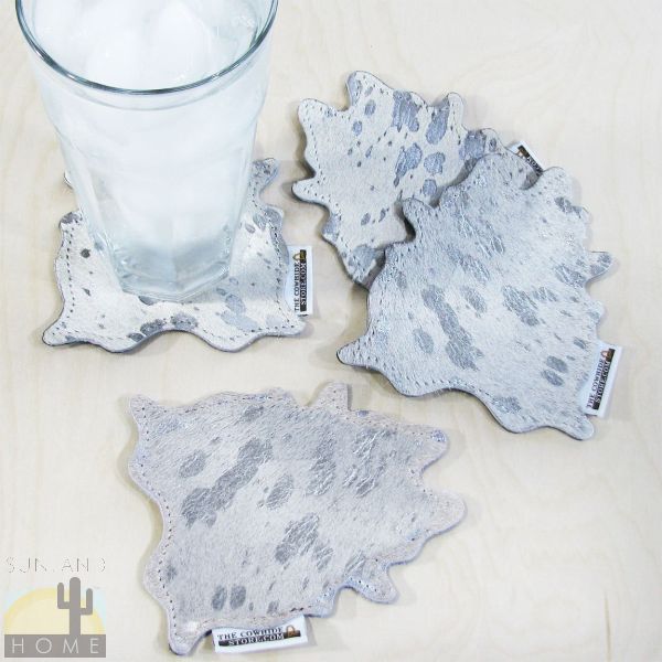 Set of 4 Devore Metallic Silver Mini Cowhide Rug Shaped Drink Coasters