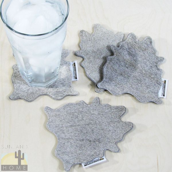 Set of 4 Solid Gray Mini Cowhide Rug Shaped Drink Coasters
