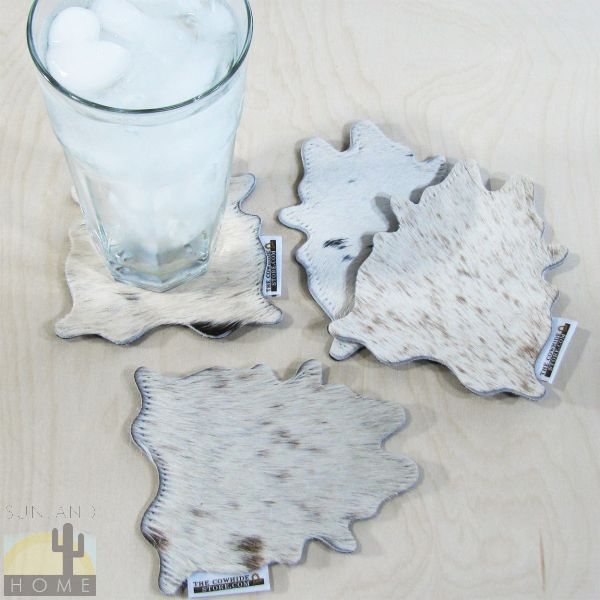Set of 4 Salt and Pepper Light Mini Cowhide Rug Shaped Drink Coasters