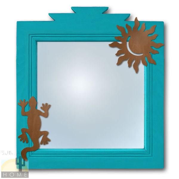 600030 - 17in Lizard and Sun Southwestern Turquoise Pine Accent Wall Mirror